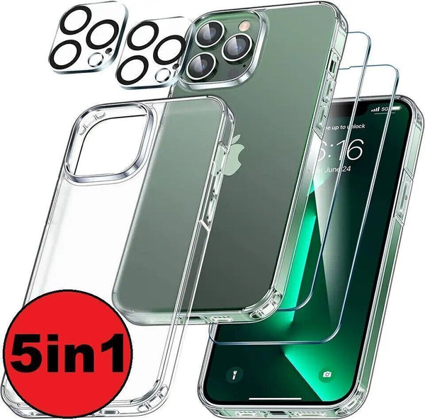 5in1 Set Für iPhone 14 / Pro / Max / Plus Schutzglas Silikon Handyhülle Kameraglas